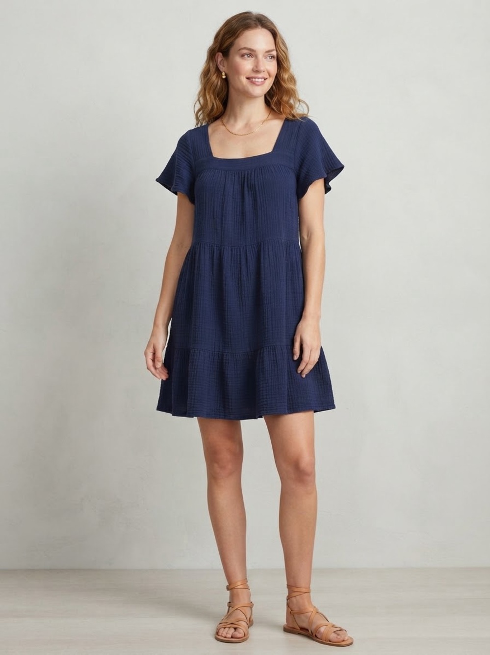 Beachlunchlounge Navy Blue Double Gauze Tiered Dress Tunic XL Babydoll Coastal